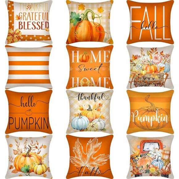 Fall Pumpkin Pillow Covers Set of 12 Thanksgiving Autumn Throw Pillow Cases 18x1 - Picture 8 of 8